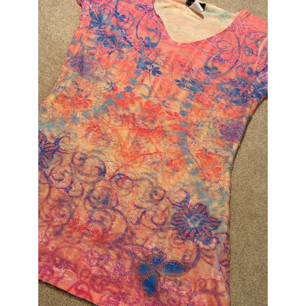 Y2K Cocomo Mesh Top Short Sleeve Butterfly Floral Print V-Neck Size S - Picture 6 of 7